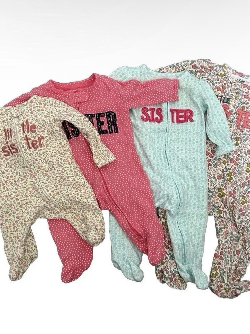 Lot Of 4 Little Sister Footie Pajamas Newborn 0-3 3-6 6-9 Months 2 Way Zipper